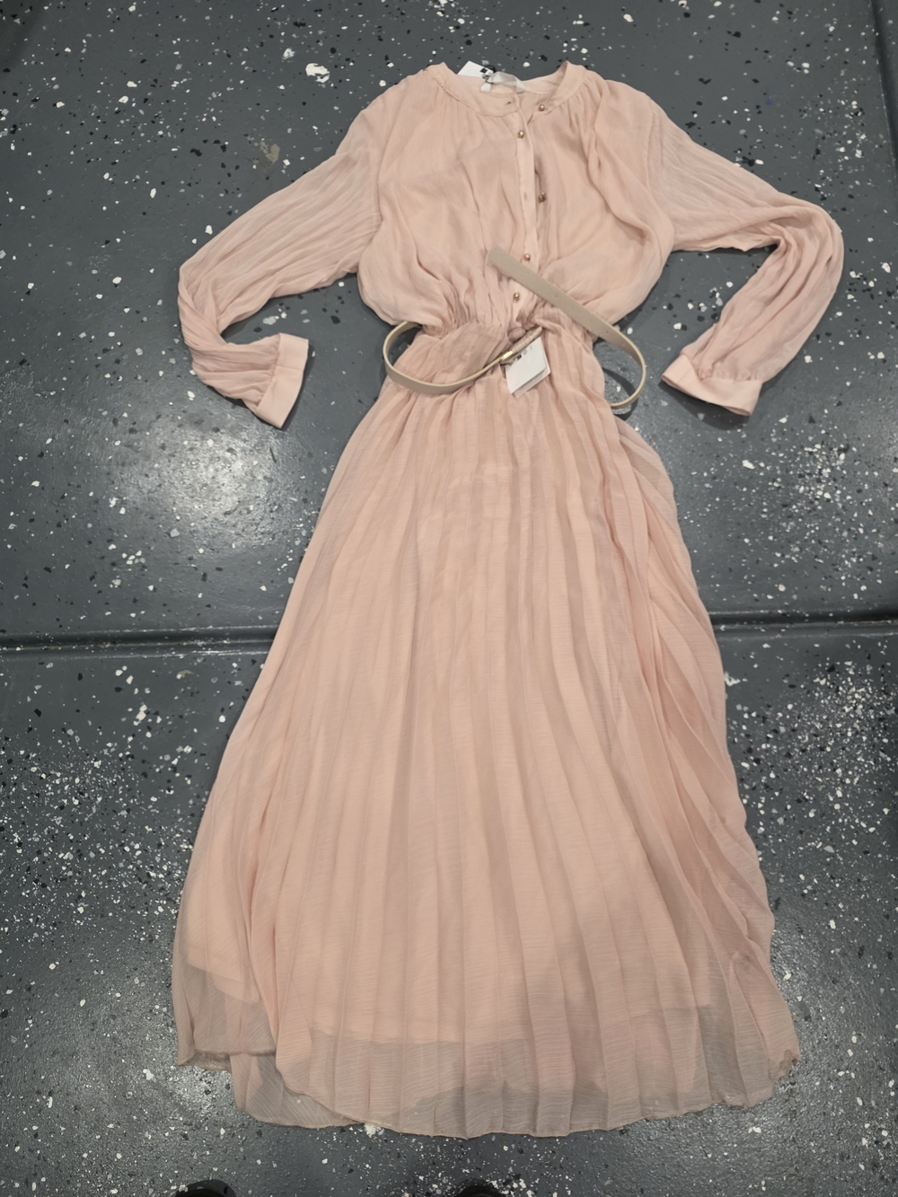 Zara Blush Pink Pleated Long-Sleeve Maxi Dress